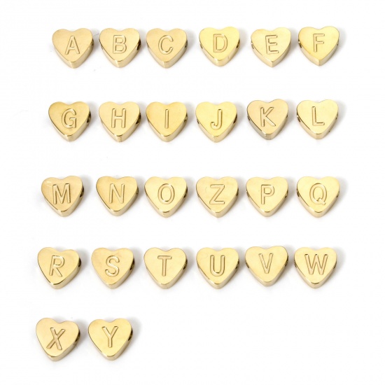 Picture of Vacuum Plating 304 Stainless Steel Beads For DIY Jewelry Making Heart 18K Gold Plated Capital Alphabet Initial Letter Message " A-Z " 8mm x 7mm, Hole: Approx 2mm