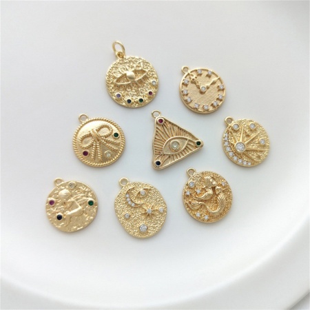 Eco-friendly Brass Charms 14K Real Gold Plated Round Multicolour Cubic Zirconia