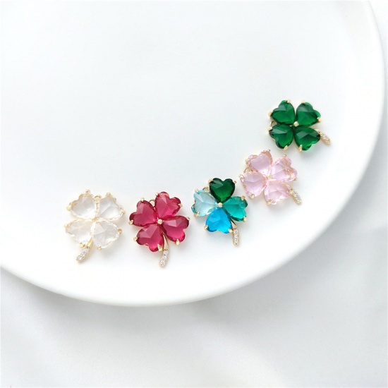 Picture of Eco-friendly Brass & Glass Charms 14K Real Gold Plated Four Leaf Clover 20mm x 16.5mm