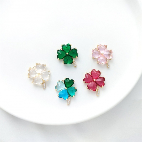 Picture of Eco-friendly Brass & Glass Charms 14K Real Gold Plated Four Leaf Clover 20mm x 16.5mm