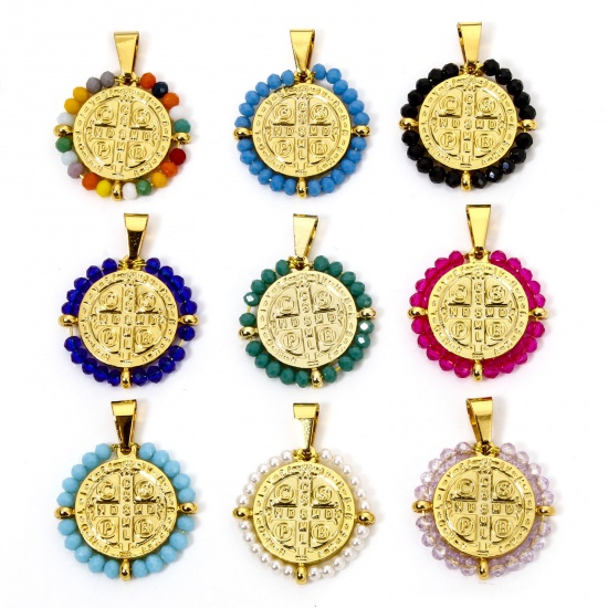 Image de 1 Pièce Pendentifs en 304 Acier Inoxydable Religieux Rond Doré Médaille Saint-Benoît Perlé 3.6cm x 2.8cm
