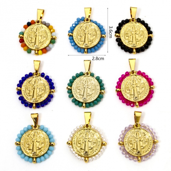 Image de 1 Pièce Pendentifs en 304 Acier Inoxydable Religieux Rond Doré Médaille Saint-Benoît Perlé 3.6cm x 2.8cm