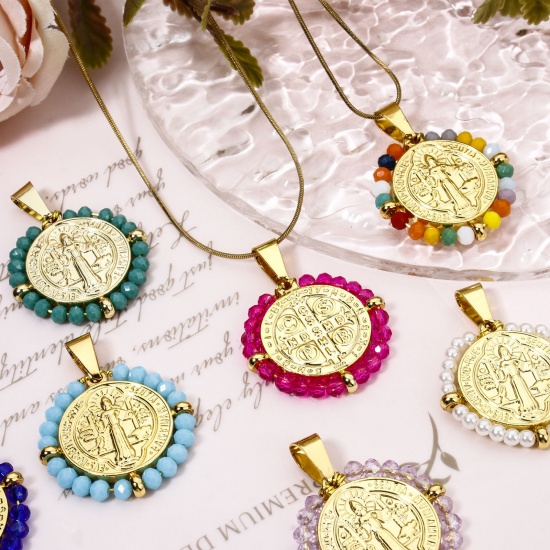Image de 1 Pièce Pendentifs en 304 Acier Inoxydable Religieux Rond Doré Médaille Saint-Benoît Perlé 3.6cm x 2.8cm