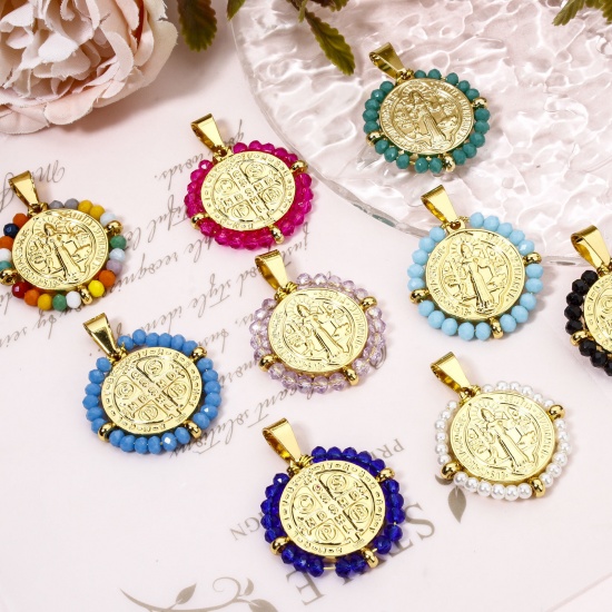 Image de 1 Pièce Pendentifs en 304 Acier Inoxydable Religieux Rond Doré Médaille Saint-Benoît Perlé 3.6cm x 2.8cm