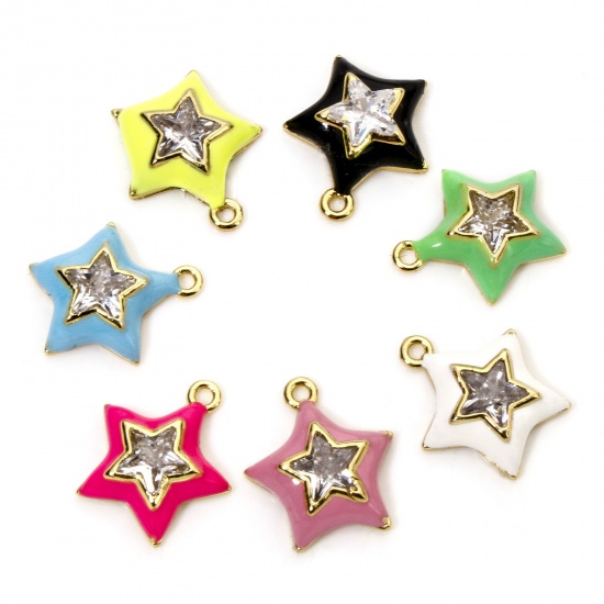 Imagen de 1 Unidad Latón Colgantes Estrellas de cinco puntos Chapado en Oro de 18K Multicolor Esmalte Transparente Rhinestone 13mm x 12mm