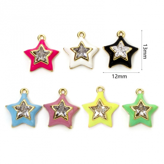 Imagen de 1 Unidad Latón Colgantes Estrellas de cinco puntos Chapado en Oro de 18K Multicolor Esmalte Transparente Rhinestone 13mm x 12mm