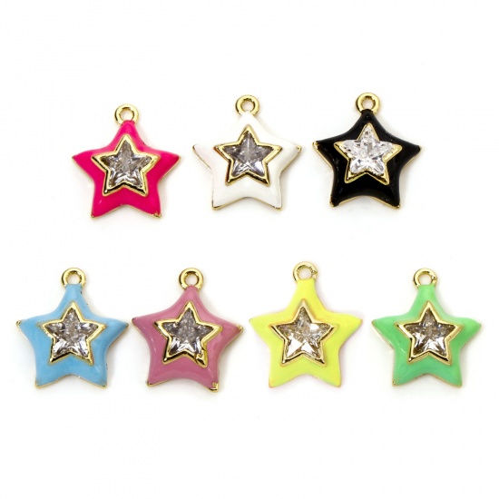 Imagen de 1 Unidad Latón Colgantes Estrellas de cinco puntos Chapado en Oro de 18K Multicolor Esmalte Transparente Rhinestone 13mm x 12mm