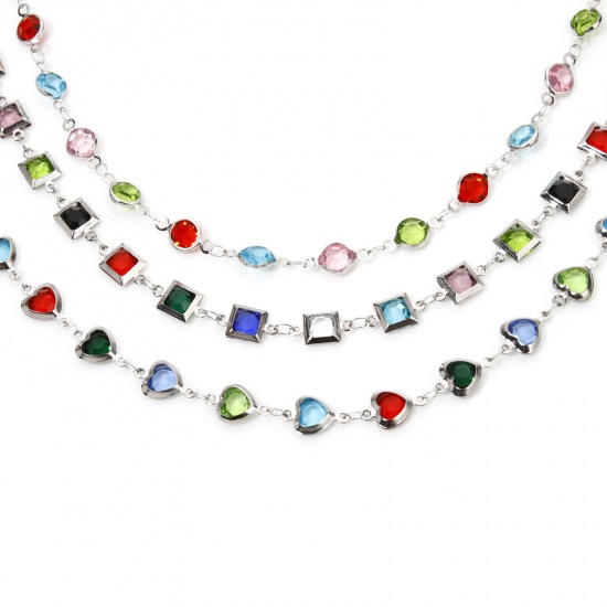 Imagen de 1 Unidad 304 Acero Inoxidable Cadena de Eslabones Hechos a Mano Collares Tono de Plata Con Broche de Langosta y Extensor Cadena Multicolor Rhinestone 40cm longitud
