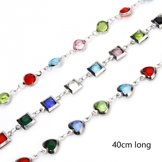 Imagen de 1 Unidad 304 Acero Inoxidable Cadena de Eslabones Hechos a Mano Collares Tono de Plata Con Broche de Langosta y Extensor Cadena Multicolor Rhinestone 40cm longitud