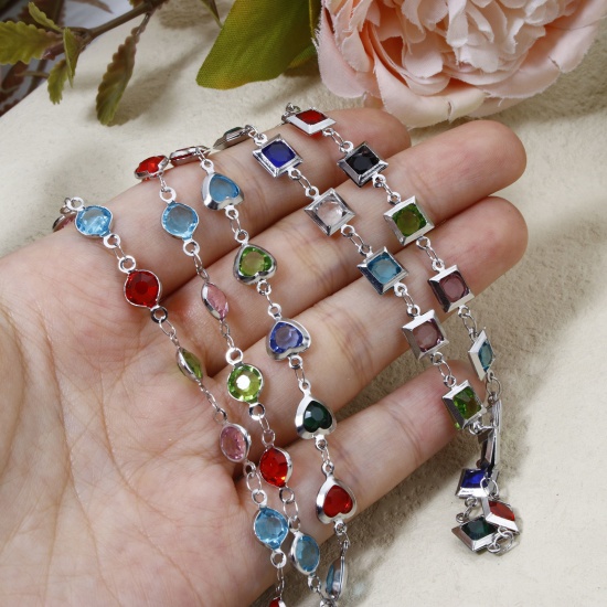 Imagen de 1 Unidad 304 Acero Inoxidable Cadena de Eslabones Hechos a Mano Collares Tono de Plata Con Broche de Langosta y Extensor Cadena Multicolor Rhinestone 40cm longitud