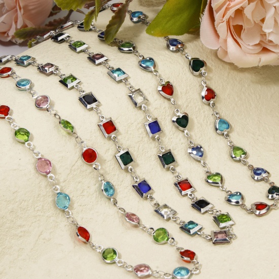 Imagen de 1 Unidad 304 Acero Inoxidable Cadena de Eslabones Hechos a Mano Collares Tono de Plata Con Broche de Langosta y Extensor Cadena Multicolor Rhinestone 40cm longitud