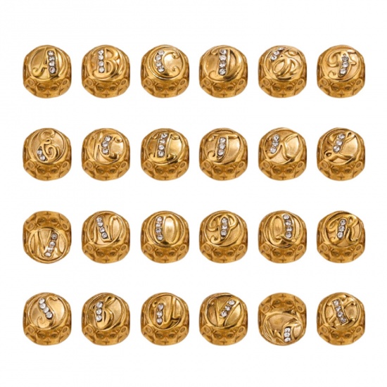 Bild von 1 Stück Vakuumbeschichtung 304 Edelstahl Doppelseitig Perlen zur DIY-Schmuckherstellung Rund 18K Vergoldet Message " A-Z " Micro Pave Transparent Strass 11mm x 10mm, Loch: ca. 4.2mm