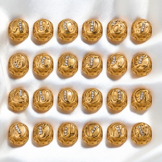 Bild von 1 Stück Vakuumbeschichtung 304 Edelstahl Doppelseitig Perlen zur DIY-Schmuckherstellung Rund 18K Vergoldet Message " A-Z " Micro Pave Transparent Strass 11mm x 10mm, Loch: ca. 4.2mm