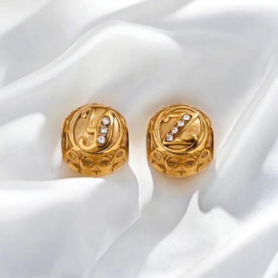 Bild von 1 Stück Vakuumbeschichtung 304 Edelstahl Doppelseitig Perlen zur DIY-Schmuckherstellung Rund 18K Vergoldet Message " A-Z " Micro Pave Transparent Strass 11mm x 10mm, Loch: ca. 4.2mm
