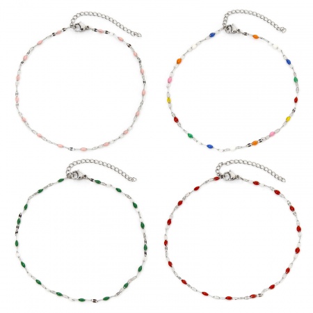 304 Stainless Steel Lips Chain Anklet Silver Tone Enamel 24.5cm(9.6") long
