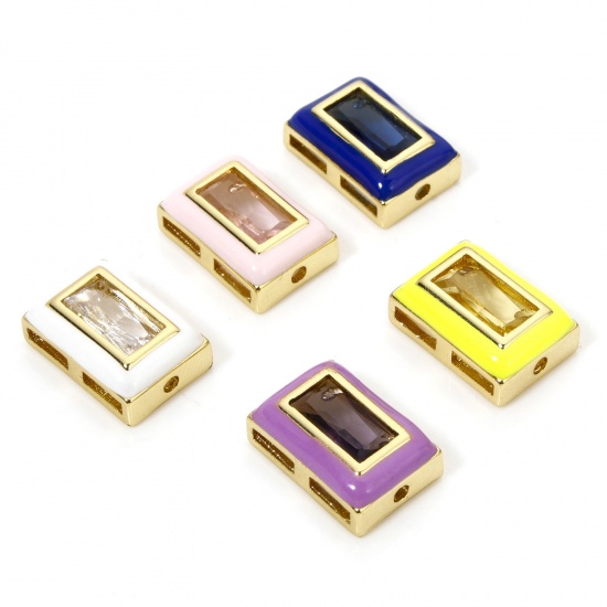 Immagine di 2 PCs Eco-friendly Brass Beads For DIY Jewelry Making 18K Real Gold Plated Multicolor Rectangle Enamel About 12mm x 8.5mm, Hole: Approx 1.2mm