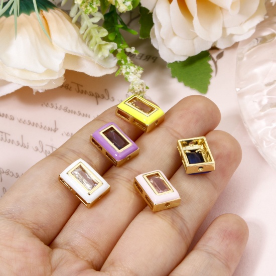 Immagine di 2 PCs Eco-friendly Brass Beads For DIY Jewelry Making 18K Real Gold Plated Multicolor Rectangle Enamel About 12mm x 8.5mm, Hole: Approx 1.2mm