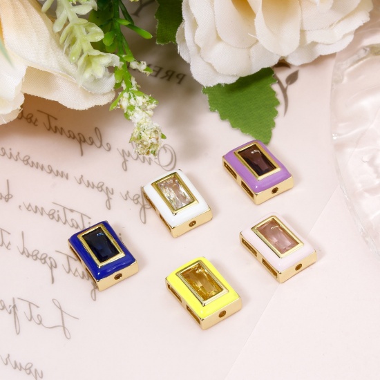 Immagine di 2 PCs Eco-friendly Brass Beads For DIY Jewelry Making 18K Real Gold Plated Multicolor Rectangle Enamel About 12mm x 8.5mm, Hole: Approx 1.2mm