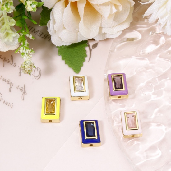 Immagine di 2 PCs Eco-friendly Brass Beads For DIY Jewelry Making 18K Real Gold Plated Multicolor Rectangle Enamel About 12mm x 8.5mm, Hole: Approx 1.2mm