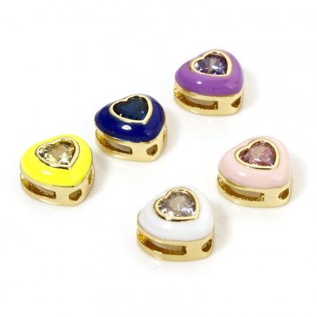 2 PCs Eco-friendly Brass Valentine's Day Beads For DIY Jewelry Making 18K Real Gold Plated Multicolor Heart Enamel About 8mm x 8mm, Hole: Approx 1.2mm