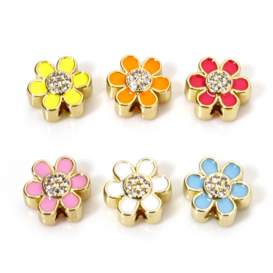 Immagine di 2 PCs Eco-friendly Brass Beads For DIY Jewelry Making 18K Real Gold Plated Flower Enamel Clear Cubic Zirconia About 10mm x 9mm, Hole: Approx 1.6mm