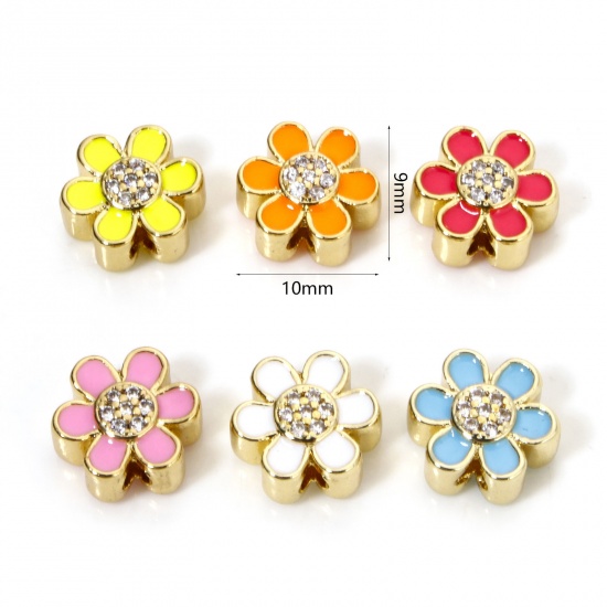 Immagine di 2 PCs Eco-friendly Brass Beads For DIY Jewelry Making 18K Real Gold Plated Flower Enamel Clear Cubic Zirconia About 10mm x 9mm, Hole: Approx 1.6mm