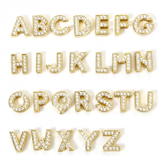 Image de 1 Piece Eco-friendly Brass Beads For DIY Jewelry Making 18K Real Gold Plated Capital Alphabet Initial Letter Micro Pave Clear Cubic Zirconia