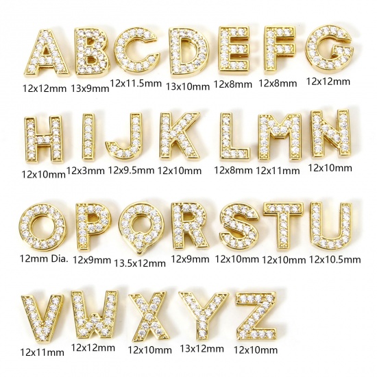 Image de 1 Piece Eco-friendly Brass Beads For DIY Jewelry Making 18K Real Gold Plated Capital Alphabet Initial Letter Micro Pave Clear Cubic Zirconia