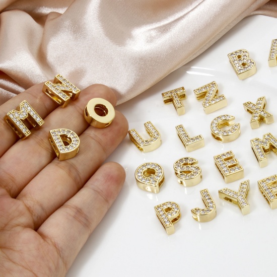 Image de 1 Piece Eco-friendly Brass Beads For DIY Jewelry Making 18K Real Gold Plated Capital Alphabet Initial Letter Micro Pave Clear Cubic Zirconia