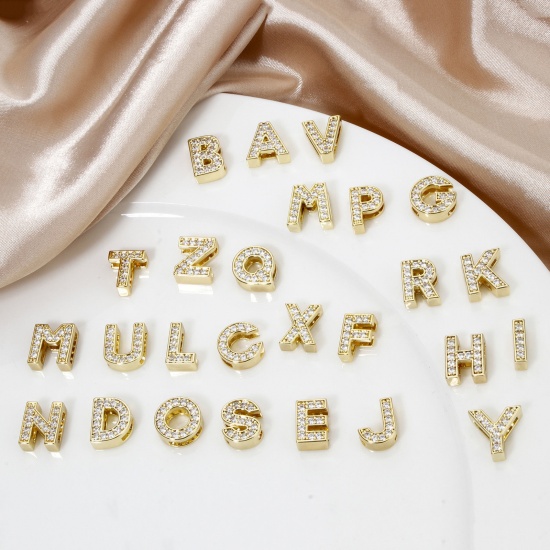 Image de 1 Piece Eco-friendly Brass Beads For DIY Jewelry Making 18K Real Gold Plated Capital Alphabet Initial Letter Micro Pave Clear Cubic Zirconia