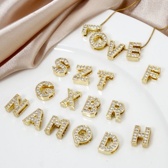 Image de 1 Piece Eco-friendly Brass Beads For DIY Jewelry Making 18K Real Gold Plated Capital Alphabet Initial Letter Micro Pave Clear Cubic Zirconia