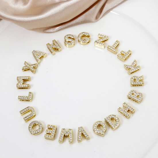 Image de 1 Piece Eco-friendly Brass Beads For DIY Jewelry Making 18K Real Gold Plated Capital Alphabet Initial Letter Micro Pave Clear Cubic Zirconia