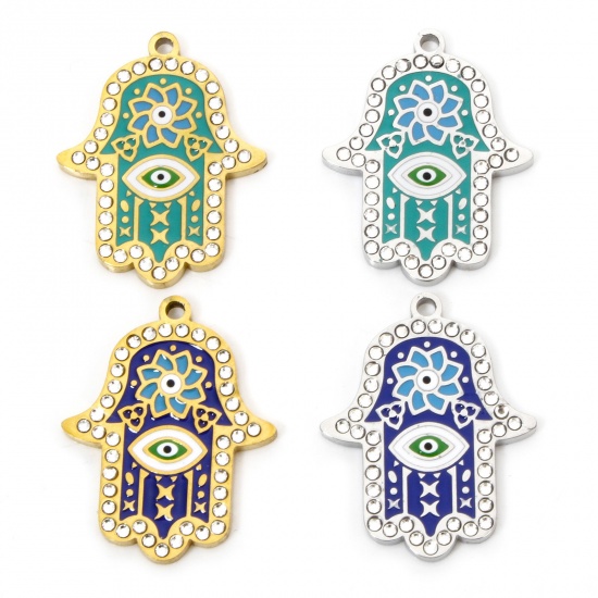 Bild von Umweltfreundliche Vakuumbeschichtung 304 Edelstahl & Strass Religiös Charms Hamsa Symbol Hand Vergoldet Emaille 26mm x 20.5mm