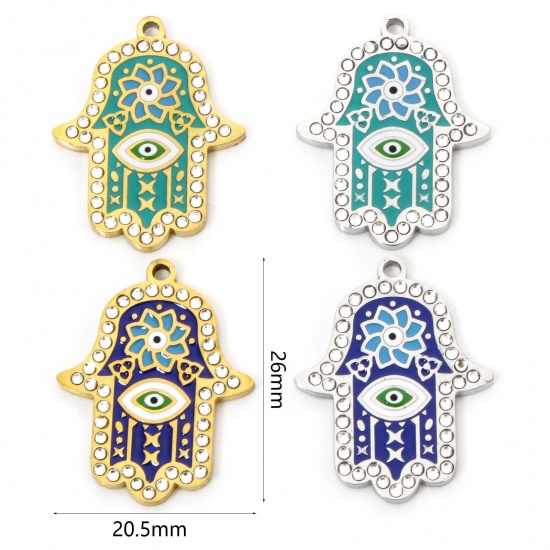 Bild von Umweltfreundliche Vakuumbeschichtung 304 Edelstahl & Strass Religiös Charms Hamsa Symbol Hand Vergoldet Emaille 26mm x 20.5mm