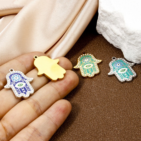 Bild von Umweltfreundliche Vakuumbeschichtung 304 Edelstahl & Strass Religiös Charms Hamsa Symbol Hand Vergoldet Emaille 26mm x 20.5mm
