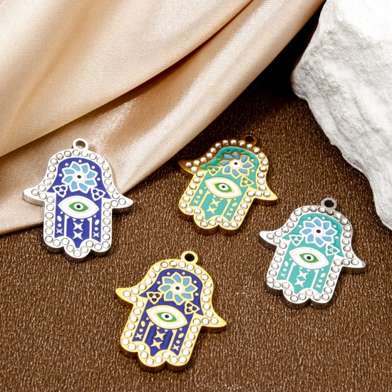 Bild von Umweltfreundliche Vakuumbeschichtung 304 Edelstahl & Strass Religiös Charms Hamsa Symbol Hand Vergoldet Emaille 26mm x 20.5mm