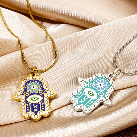 Bild von Umweltfreundliche Vakuumbeschichtung 304 Edelstahl & Strass Religiös Charms Hamsa Symbol Hand Vergoldet Emaille 26mm x 20.5mm