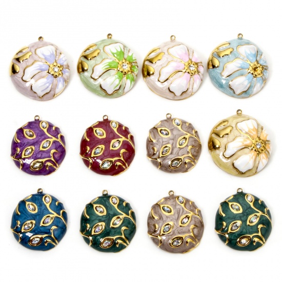 Picture of Eco-friendly Vacuum Plating 304 Stainless Steel & Rhinestone Flora Collection Charmes Gold Plated Round Enamel