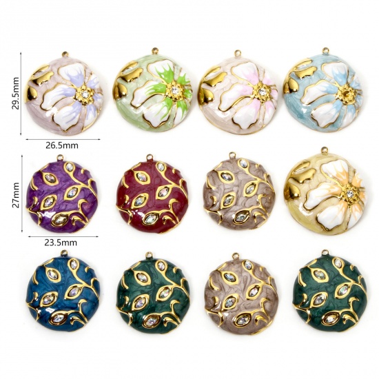 Picture of Eco-friendly Vacuum Plating 304 Stainless Steel & Rhinestone Flora Collection Charmes Gold Plated Round Enamel