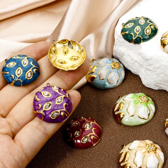 Picture of Eco-friendly Vacuum Plating 304 Stainless Steel & Rhinestone Flora Collection Charmes Gold Plated Round Enamel