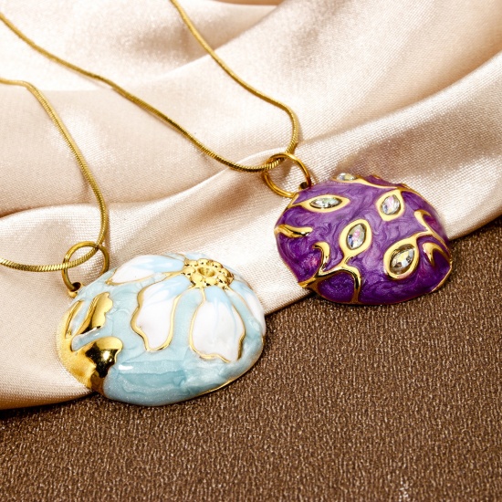 Picture of Eco-friendly Vacuum Plating 304 Stainless Steel & Rhinestone Flora Collection Charmes Gold Plated Round Enamel