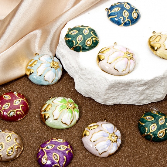 Picture of Eco-friendly Vacuum Plating 304 Stainless Steel & Rhinestone Flora Collection Charmes Gold Plated Round Enamel