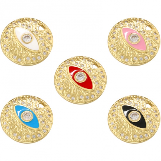 Immagine di 1 Pz Ottone Religione Ciondoli Tondo Placcato Oro 14K Multicolore Occhi Smalto Trasparente Cubic Zirconiae 18mm x 18mm