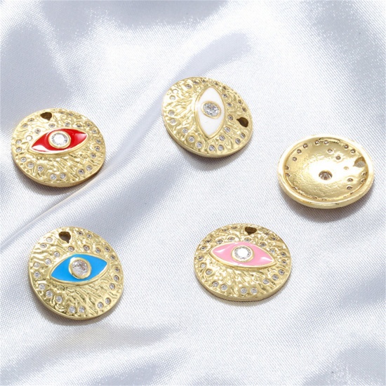 Immagine di 1 Pz Ottone Religione Ciondoli Tondo Placcato Oro 14K Multicolore Occhi Smalto Trasparente Cubic Zirconiae 18mm x 18mm