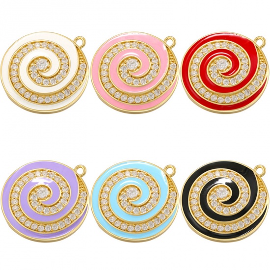 Imagen de 1 Unidad Latón Colgantes Ronda Chapado en Oro de 14K Multicolor Hélice Esmalte Claro Circón Artificial 27mm x 24mm