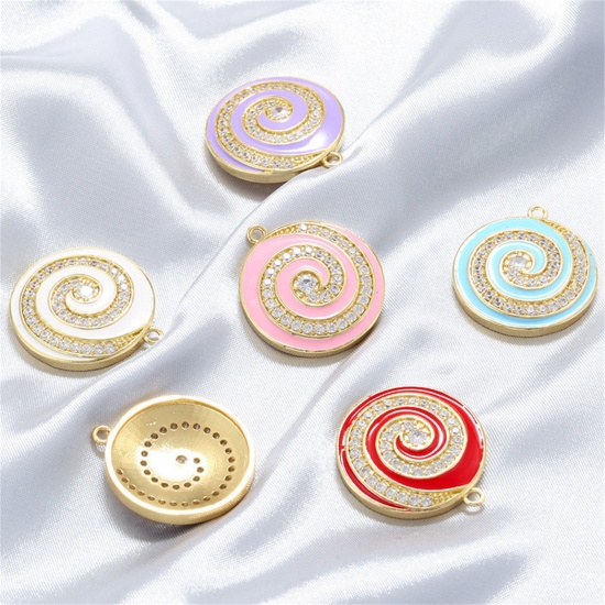 Imagen de 1 Unidad Latón Colgantes Ronda Chapado en Oro de 14K Multicolor Hélice Esmalte Claro Circón Artificial 27mm x 24mm