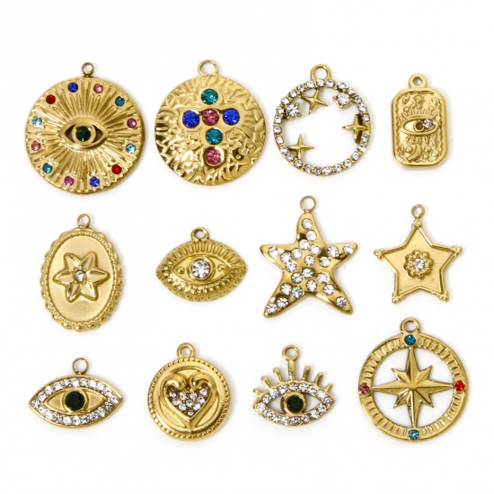 Picture of Eco-friendly Vacuum Plating 304 Stainless Steel Galaxy Charmes Gold Plated Evil Eye Star Clear Rhinestone