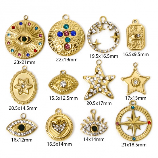 Picture of Eco-friendly Vacuum Plating 304 Stainless Steel Galaxy Charmes Gold Plated Evil Eye Star Clear Rhinestone