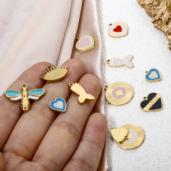 Bild von Umweltfreundliche Vakuumbeschichtung 304 Edelstahl Charms Herz Vergoldet Biene Emaille