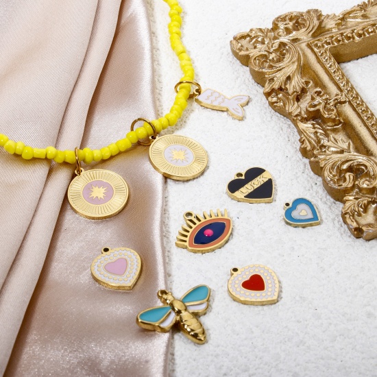 Bild von Umweltfreundliche Vakuumbeschichtung 304 Edelstahl Charms Herz Vergoldet Biene Emaille